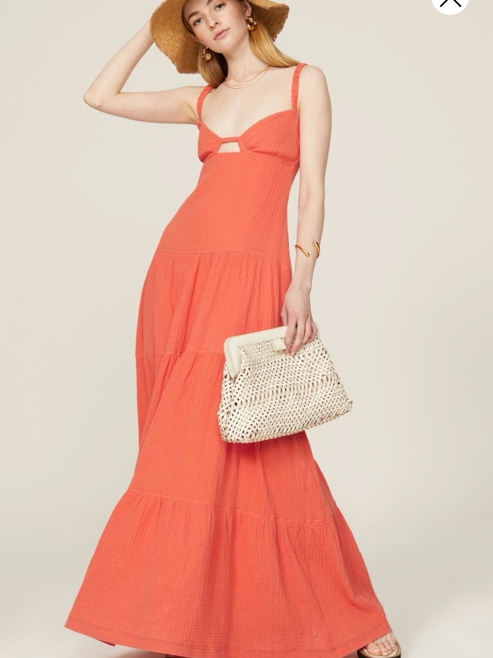 Coral Tiered Maxi Dress with Cutout Detail